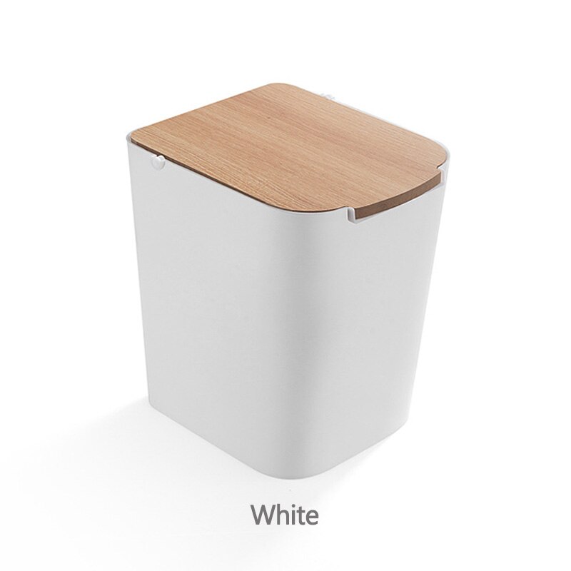 Trash Bin Household Office Supplies Mini Trash Can Desktop Bucket with Wooden Dustbin Waste Bins Small Car Trash: White