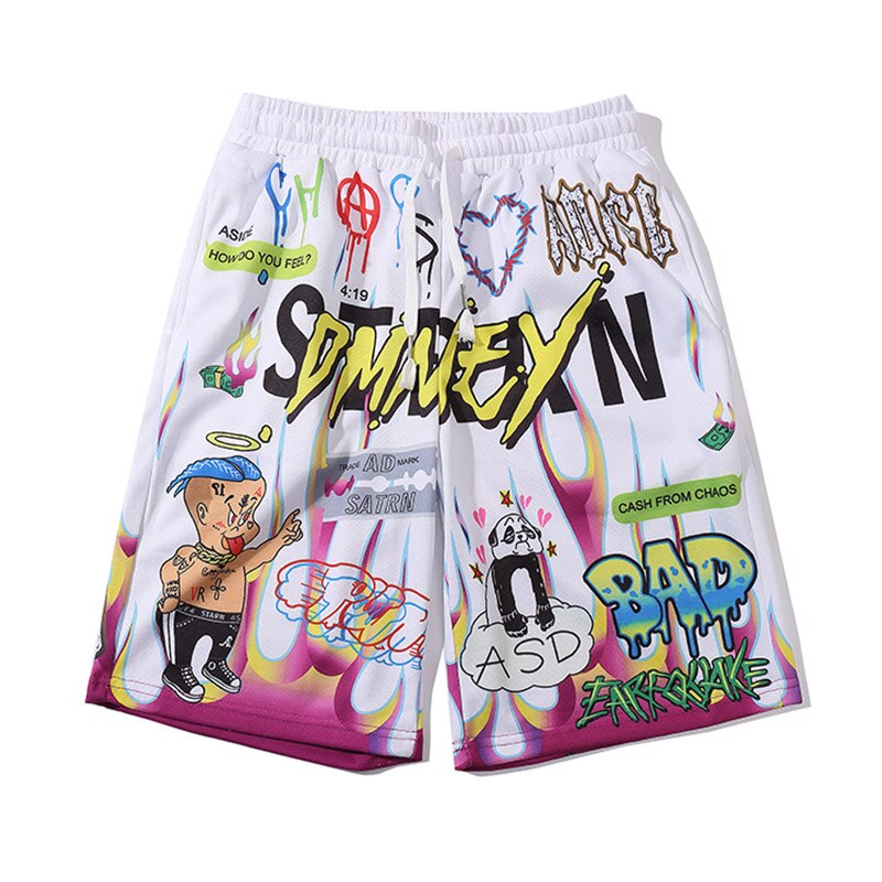 Aolamegs Shorts hommes dessin animé flamme Graffiti imprimer plage genou longueur Shorts Hip Hop Bermuda Style taille élastique haute rue été: White / M