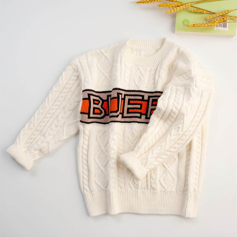 Wintertrui voor meisjes en jongens, wollen gebreide top, thermokleding voor kinderen, klassieke ronde hals trui met letters.: Wit / 6t 120cm