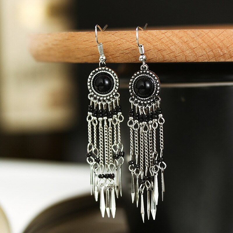 Boho Jewelry Long Chain Tassel Dangle Earrings Brincos Stone Beads Female Earrings Silver Color Jhumkas indian Unique Jewellery: Black