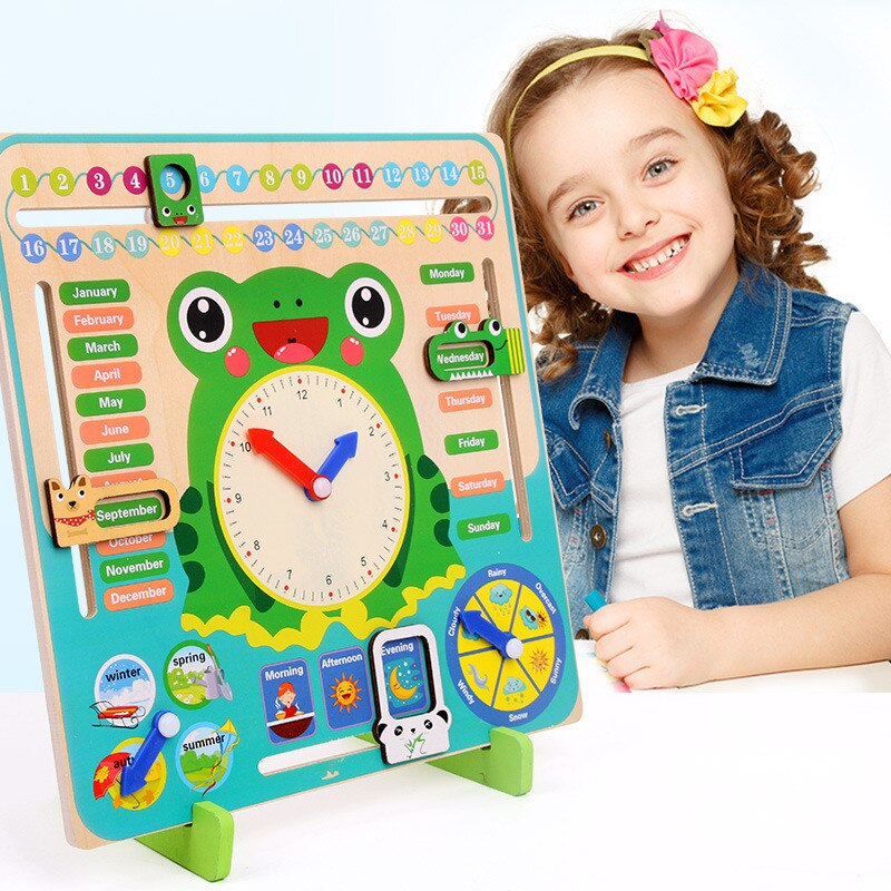 Holz Karikatur Frosch Kalender Uhr einstellen freundlicher Holz Kalender Zeit Kognitiven Passenden Spielzeug freundlicher Früh Lernen Bildung Spielzeug