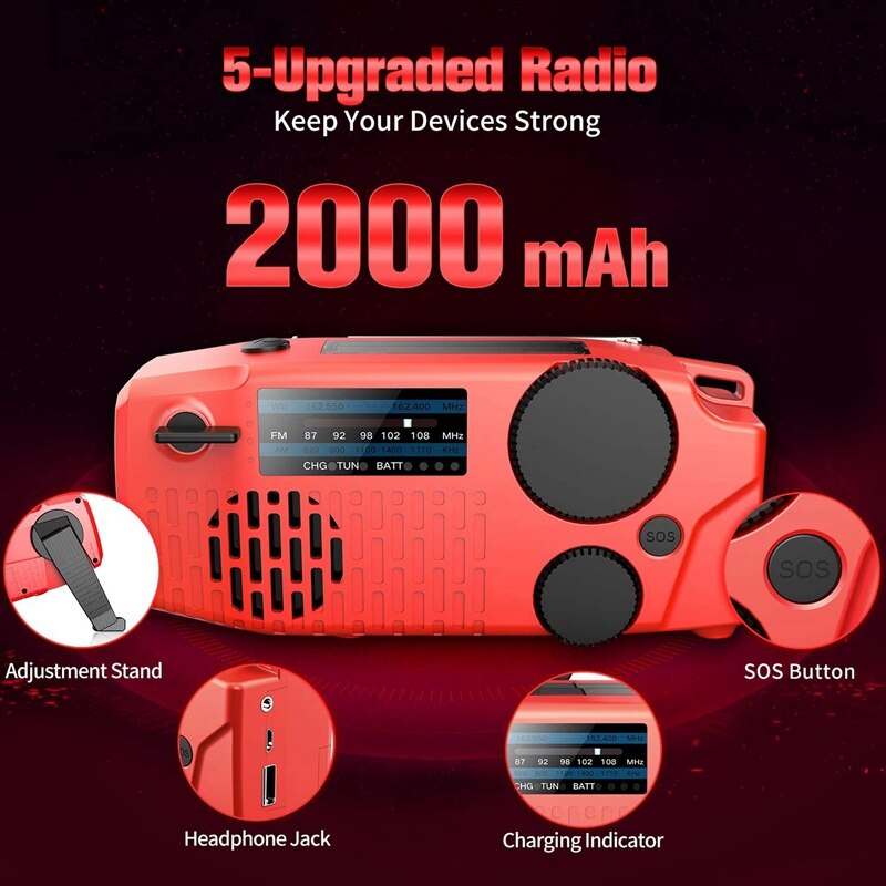 Emergency Solar Hand Crank Draagbare Noaa Weather Radio Met Am/Fm Oortelefoon Jack Led Zaklamp 2000Mah Power Bank