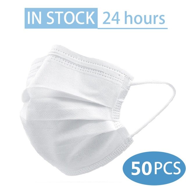 10/50 stk. maske engangs ansigtsmaske sort nonwoven 3 lag filter anti-støv åndbar beskyttende voksenmaske mundmasker på lager: Hvid 50