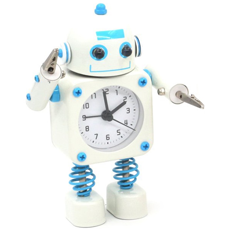 Non-Ticking Robot Alarm Clock Stainless Metal - Wake-Up Clock with Flashing Eye Lights and Hand Clip Blue