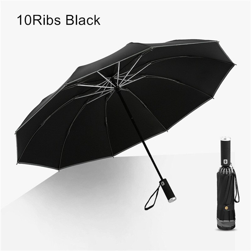 Automatic Reverse Umbrella Women 3 Fold Reflective Strip Umbrella Rain Men Parasol LED Light Windproof Parapluie Rain Gear EB5YS: 10ribs Black