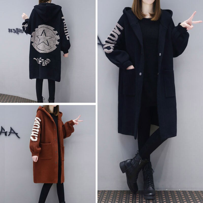 Plus size yllekofta för kvinnor lång lös stickad trenchcoat casual huva casaco feminino tröja kappor  f1449