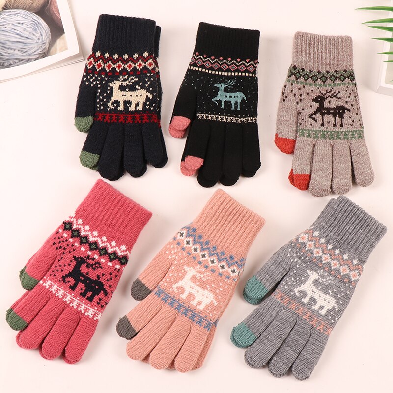 Christmas Elk Printed Knitted Gloves Thicken Warm Winter Touchscreen Glove Women Girls Full Finger Gloves Outdoor Shopping