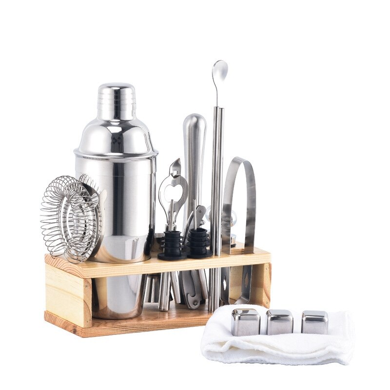 19PCS Stainless Steel Cocktail Shaker Blender Bartender Browser Kit Home Bar Bartender Setting Tool and Wine Wooden Rack Stand: 19 PCS Set