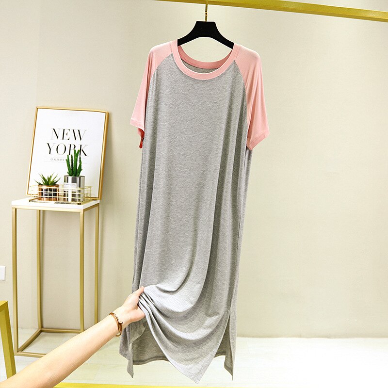 Modal Plus Size Long T Shirt Nightie Nightgowns For Women Short Sleeve Fluffy Nightshirt For Old Lady Elderly Sleep Gowns Dress: 1 / XL