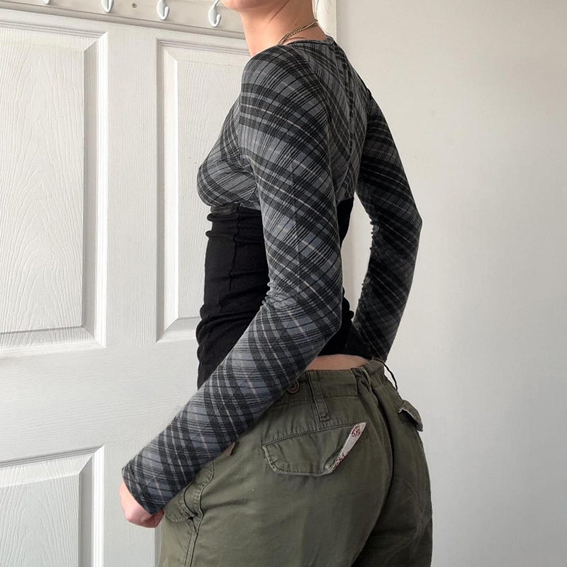 Iamhotty ternet patchwork-top i engelsk stil med v-hals og lange ærmer, koket æstetisk t-shirts med bindebånd og sløjfe i taljen