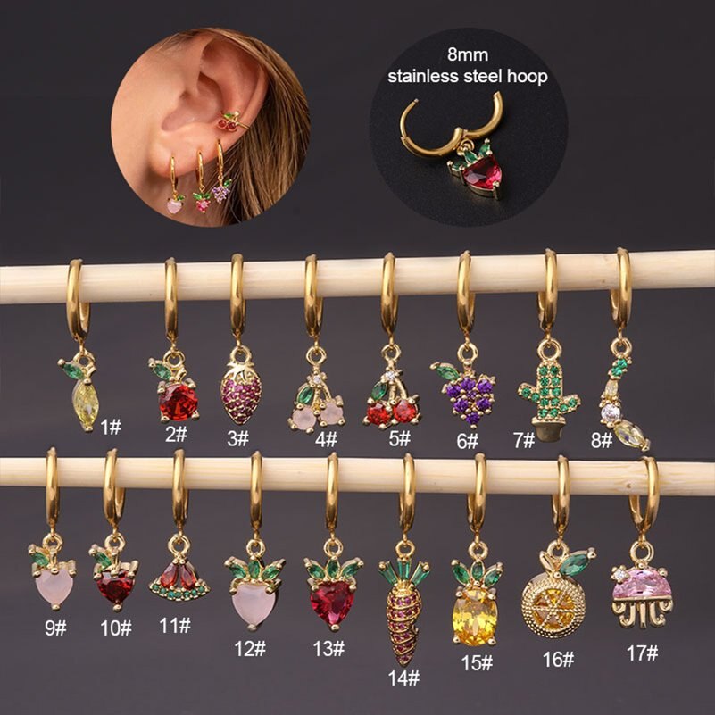 1Piece Colorful Crystal Fruit Earrings for Women 20G Stainless Steel Cubic Zircon Strawberry Cherry Hanging Earrings Jewelry