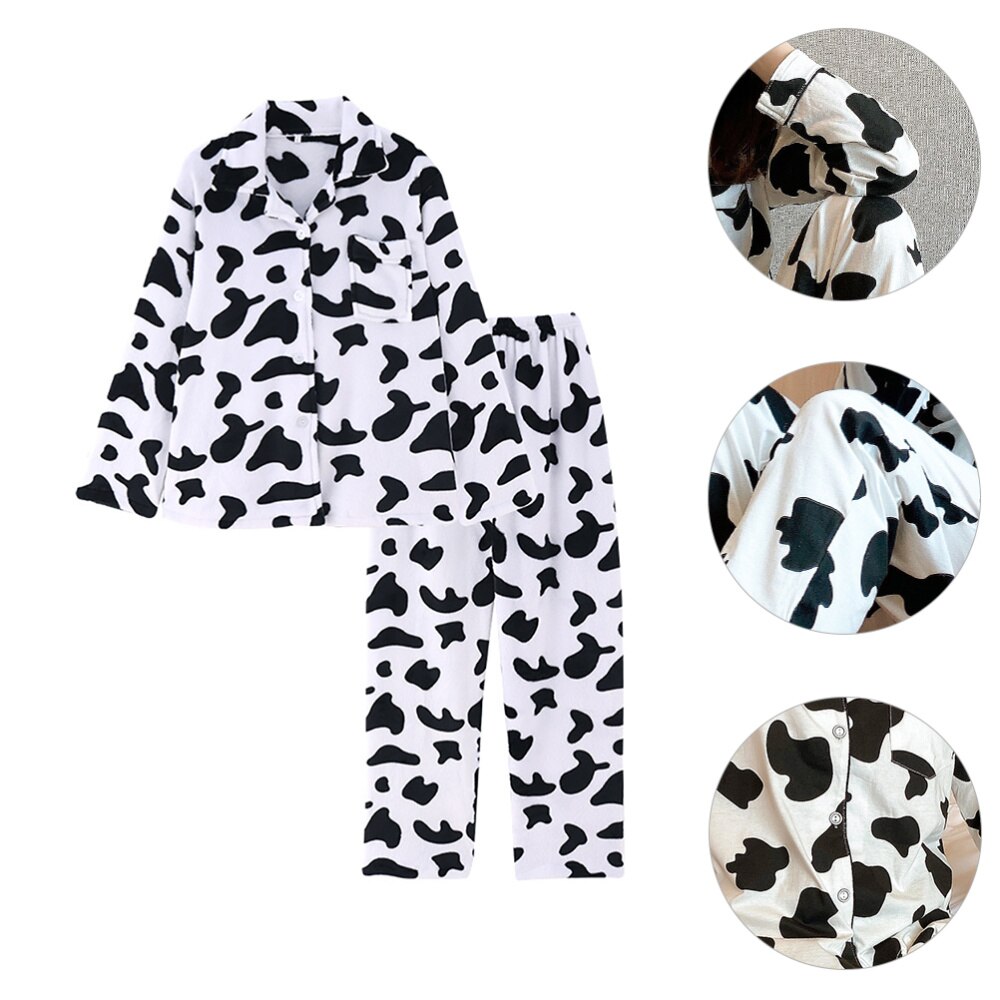 1 Set Ladies Long Sleeve Pyjamas Set Cow Pattern Sleepwear Trousers )