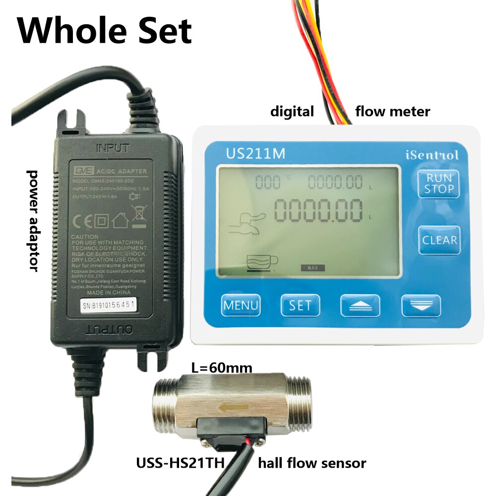 US211M Digital Water Flow Meter and USS-HS21TH SUS304 Stainless Steel Sensor1-30L/min Hall Water Flow Sensor Reader Dijiang: whole set