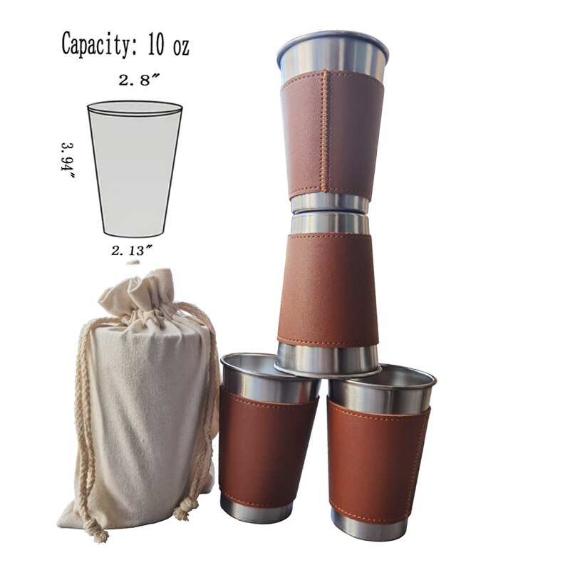 4 Stks/partij 10-16Oz Outdoor Camping Servies Reizen Cups Set Rvs Leather Case Drinken Glazen Beer Cup koud Drankje Cup