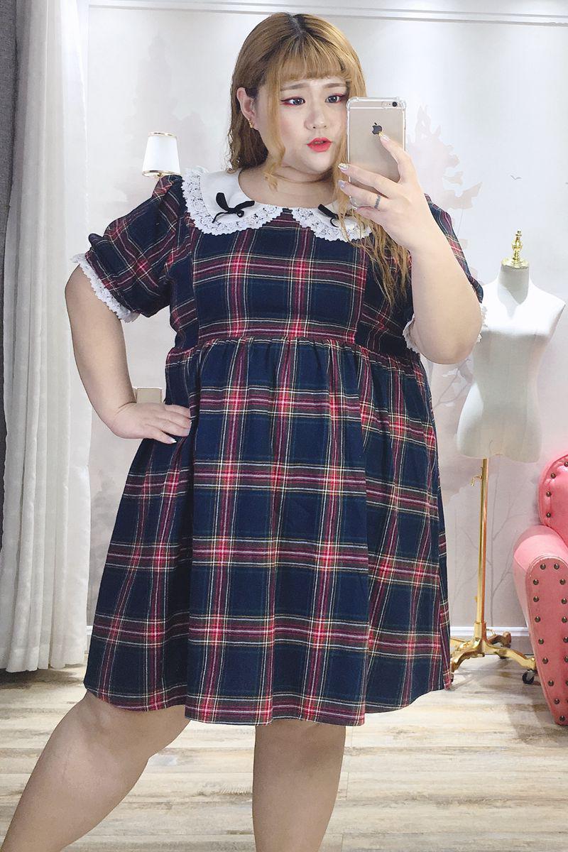 Vestido de verano de talla grande de Lolita para mujer, de chica gordito, dulce Loli, estampado a cuadros, encaje, manga corta, Xl-5xl: 4XL