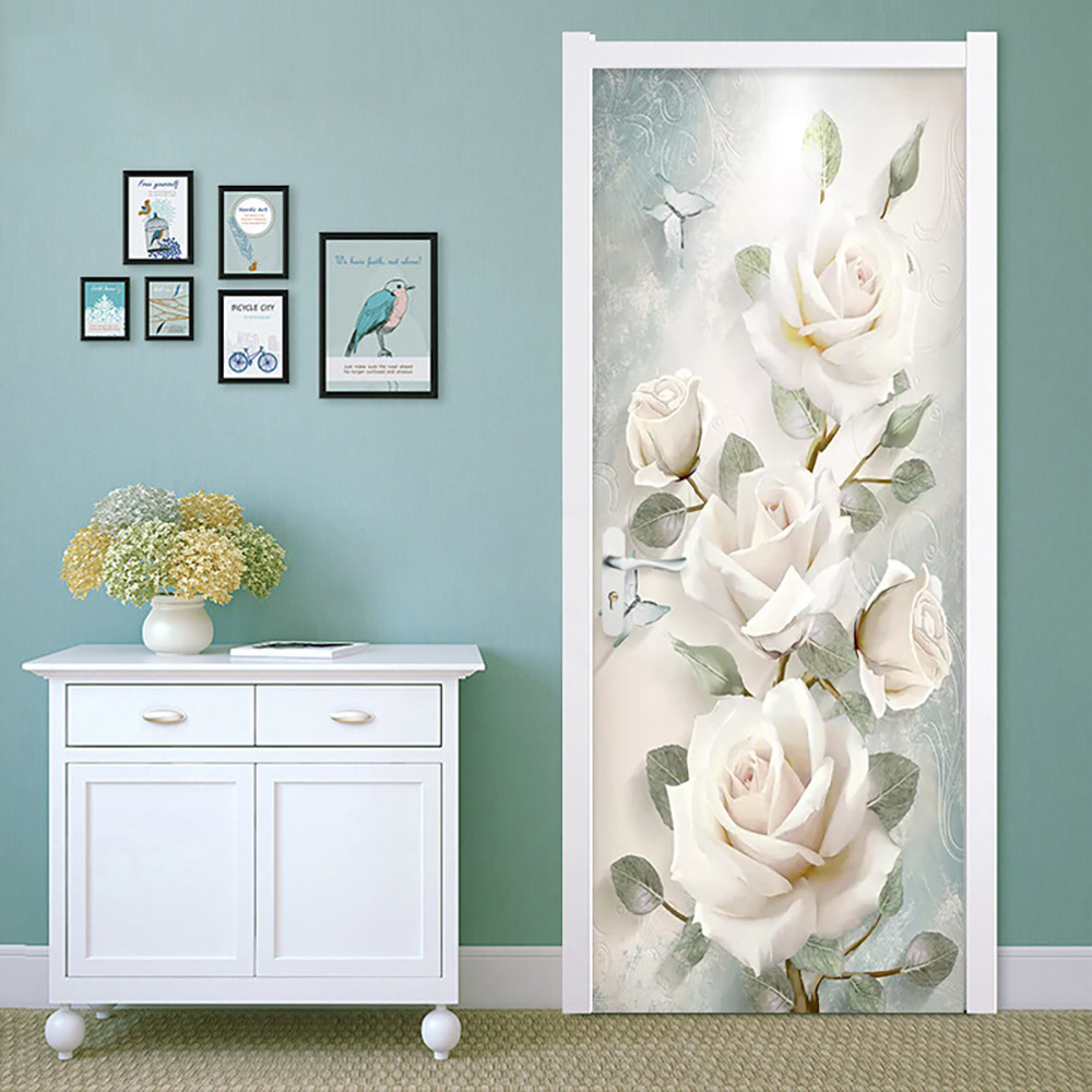 3D White Rose Flower Self-Adhesive Door Wallpaper Murals Wall Stickers Peel and Stick Door Poster for Home Decoration