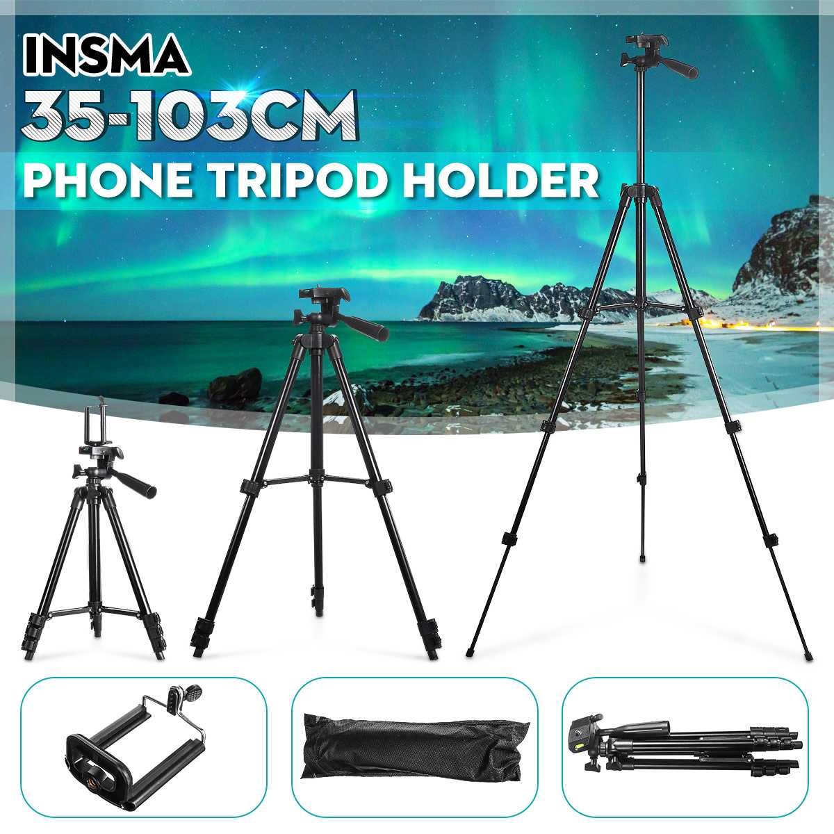 INSMA Extendable 36-100cm Universal Adjustable Tripod Stand Mount Holder Clip Camera Phone Holder Bracket For Cell Phone Camera