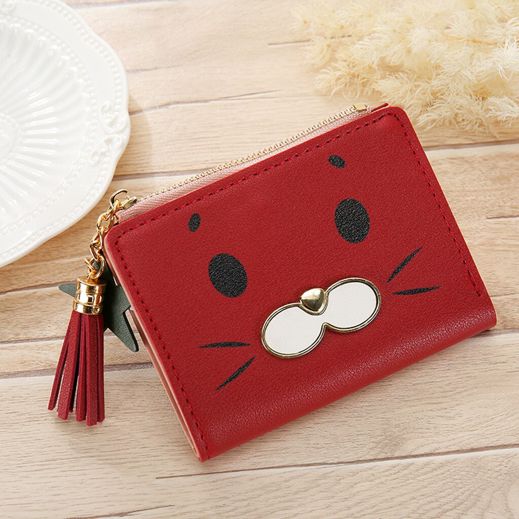 Mini Cute Cat Womens Tassle Wallets Purses Short Female Coin Purse Credit Card Holder Ladies Outdoor Travel Cluth Bag: Red