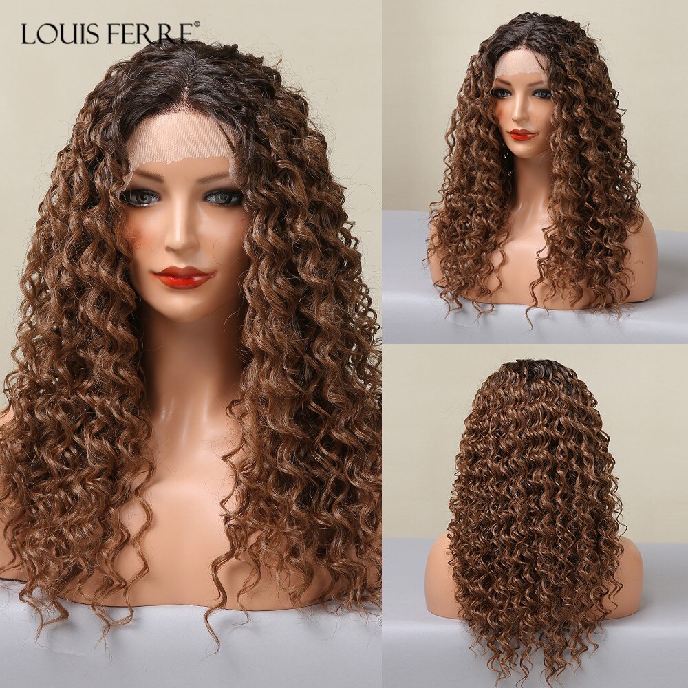 LOUIS FERRE – perruque Lace Front Wig synthétique brun ombré 13*1 T, perruque mi-longue, Deep Curly, résistante à la chaleur pour femmes claires