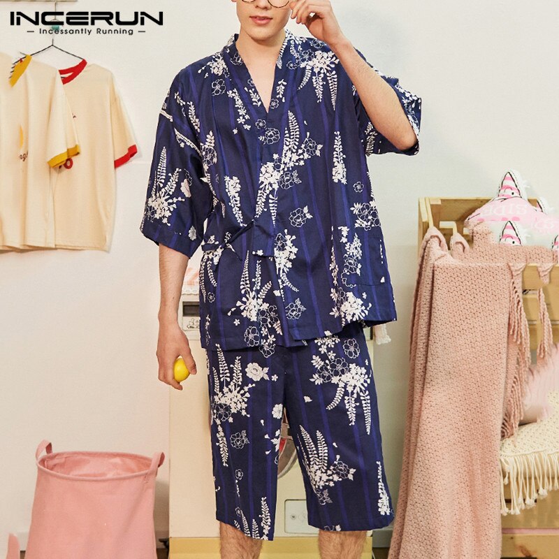 INCERUN Men Printed Pajamas Sets Half Sleeve Loose V Neck Sleepwear Tops Leisure Shorts Kimono Homewear Men Nightwear Suit S-5XL