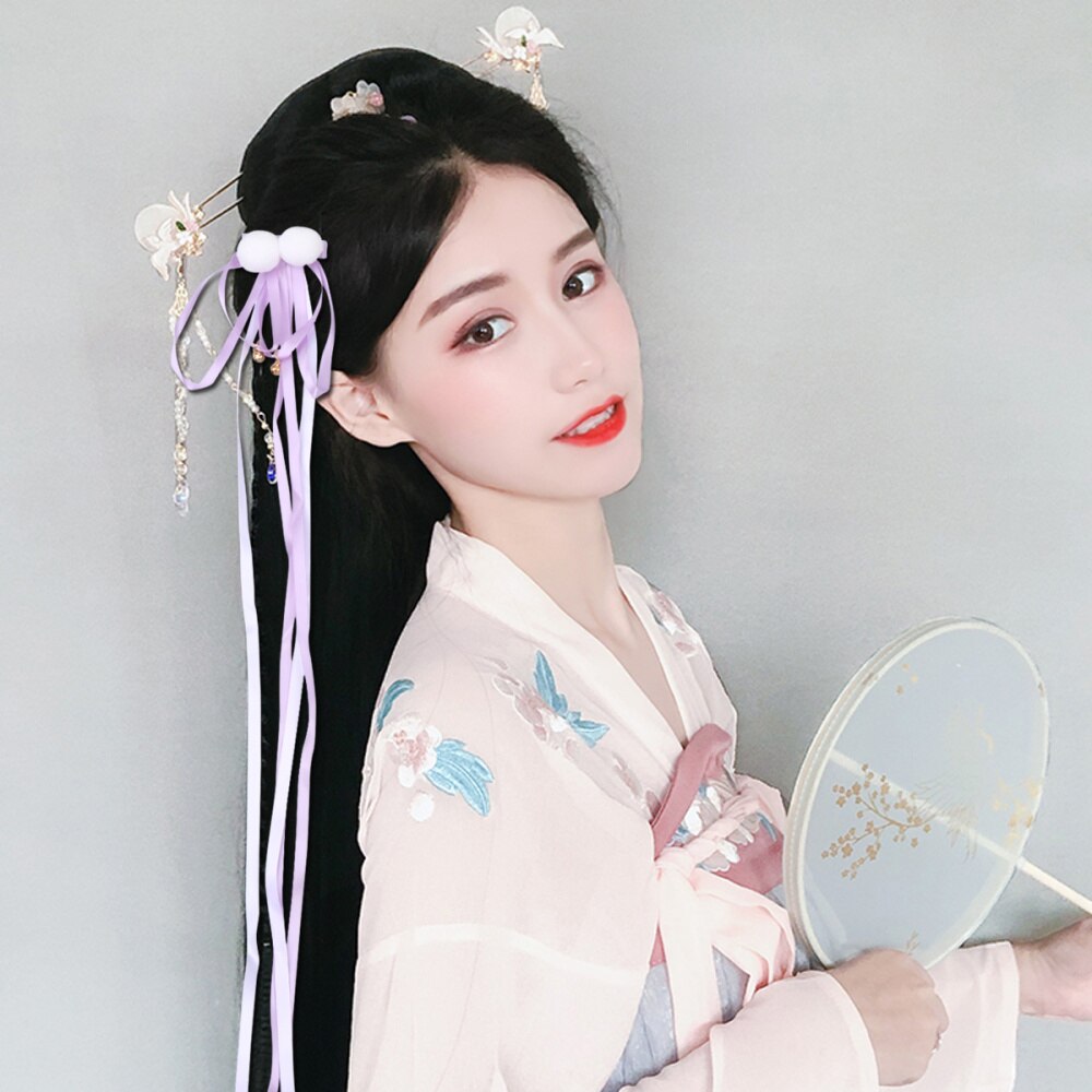 1 paar kinderhaarspeldjes met kwastjes, hanfu-kleding, haarspeldjes met kwastjes en traditionele chinese linten (roze): Lavendel