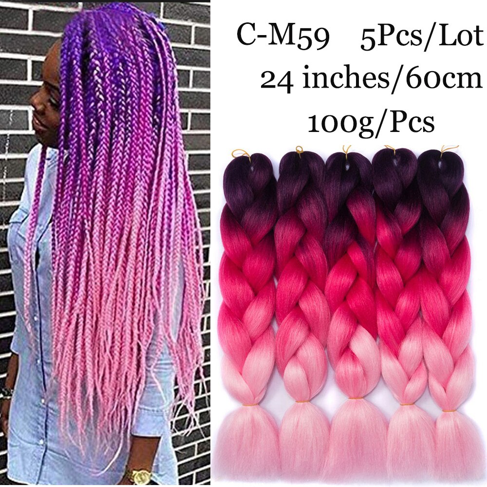 24 tum ombre fläta hår syntetiskt virkat hårförlängning jumboflätor hår rosa röd blå gul 5 st/lot 100g/ st: C -m59