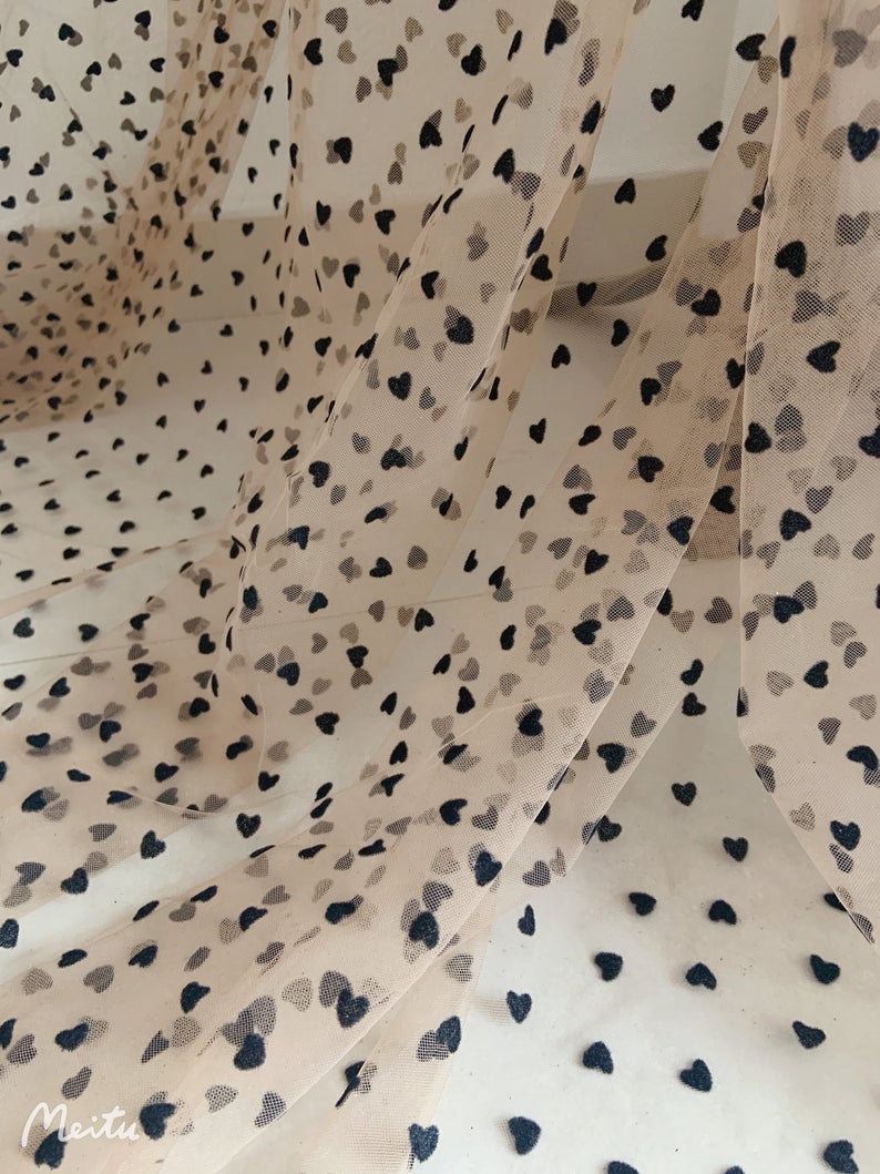 1 yard Nude Tan Tulle Lace Fabric With Velvet Hearts Tulle Mesh Fabric With Velvet Dot: tan brown