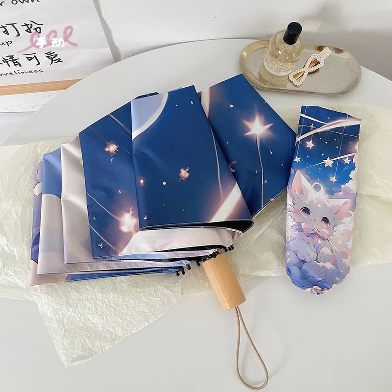Opvouwbare paraplu met schattige kattenprint, zonbescherming en UV-verdediging, compact, automatisch versterkt frame, polyester pongee-stof voor dames