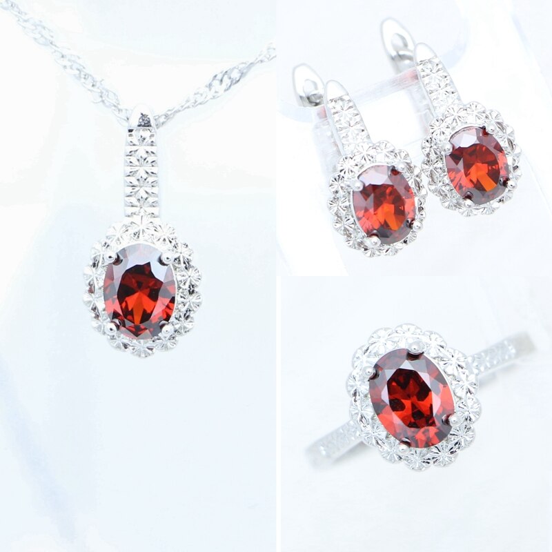 Anillo granate, pendientes, colgante, collar, joyería dulce, conjunto de joyas de plata de ley 925 para mujer, caja de gratis: Rojo