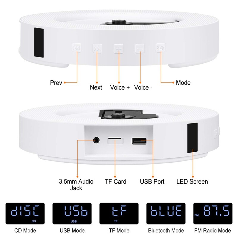Portable CD Player with Bluetooth, Wall Mountable CD Player with Remote Control for Home Built-In HiFi Speakers with Headphone J