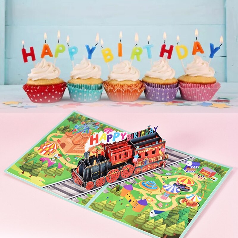 13ME 3D Pop Up Card Birthday Train Greeting Card with Envelope Handmade Birthday Card