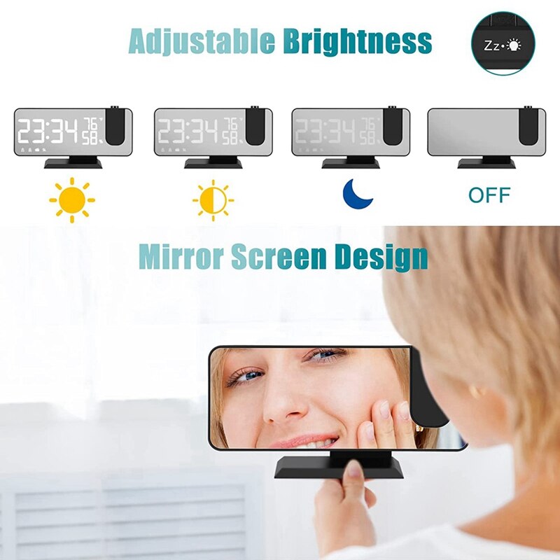 Projection Alarm Clock with Temperature Hygrometer,7.3Inch LED Radio Digital Clock with Rotation Ceiling Projector