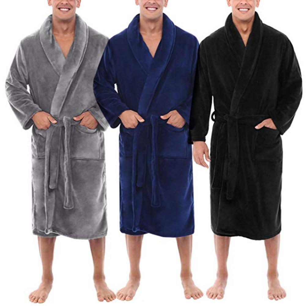 Menn sjalkrage korall fleece ensfarget lang badekåpe hjemmekjole nattøy myk korall fleece badekåpe menn fritids nattøy