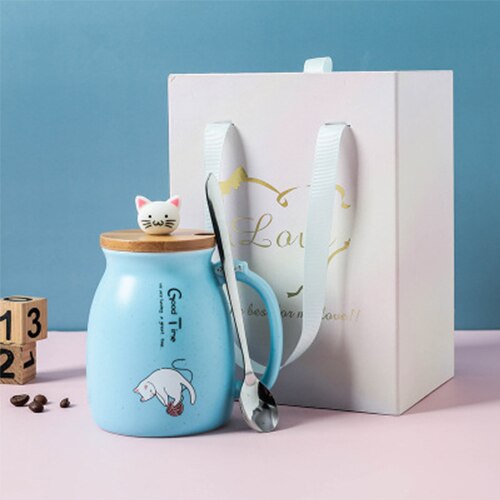 Color Cat Heat-Resistant Mug Cartoon with Lid Cup Kitten Coffee Milk Ceramic Mugs Children Cup Office Drinkware: Blue box