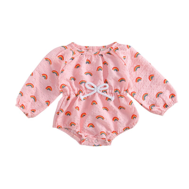 Focusnorm 0-18m schattige baby meisjes jongens bodysuits lange mouwen regenboog print katoenen jumpsuit eendelig 4 kleuren: Roze / 6m