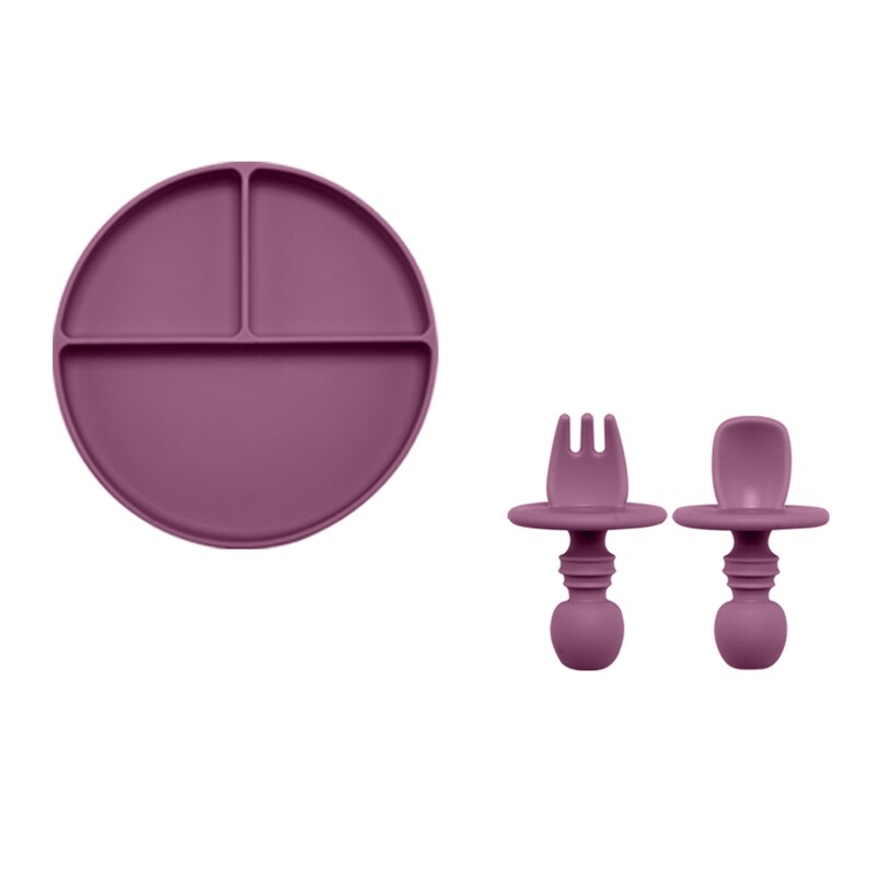 Solid Silicon Plate Set For Baby Kids Training Feeding Dinnerware Baby Learning Plate Set With Fork Spoon BPA Free: 3PCS Dark purple