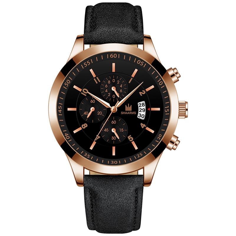 Shaarms herenhorloge met zwarte leren band, quartz polshorloge, sporthorloge voor heren, relogio masculino, reloj hombre: H