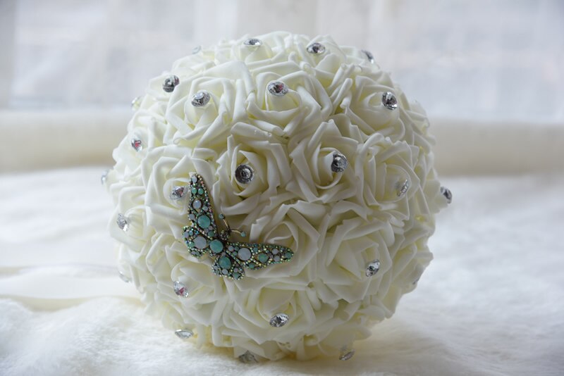 Kyunovia Simplish ślub bukiet ślubny druhny PE pianki róże kwiaty dżetów ważka broszki bukiet ślubny FE33: krem