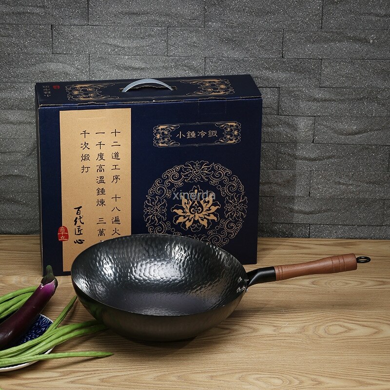 30/32/34cm Forged Hammer Iron Wok Stone Uncoated Physical Non-stick Pan Cast Iron Round Dumpling Pan Kitchen Pots Cooking Pans