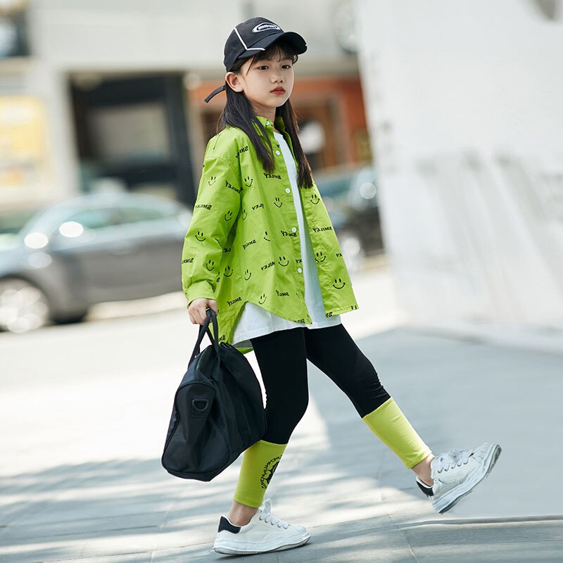 Autumn Girls Print Green Shirt 8 10 years Long Sleeve Teen Girls Tops