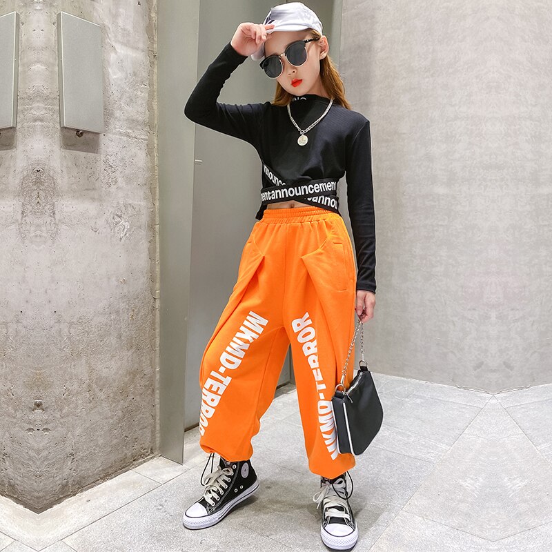 Girls' Jazz Dance Tops Loose Street Dance Orange Pants Long Sleeves Hip Hop Clothing Children Performance Rave Clothes BL4811