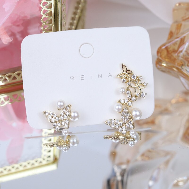 Korea Jewelry 14K Real Gold Plating AAA Zircon Butterfly Asymmetric Earring Pearl Women's Daily Accessories