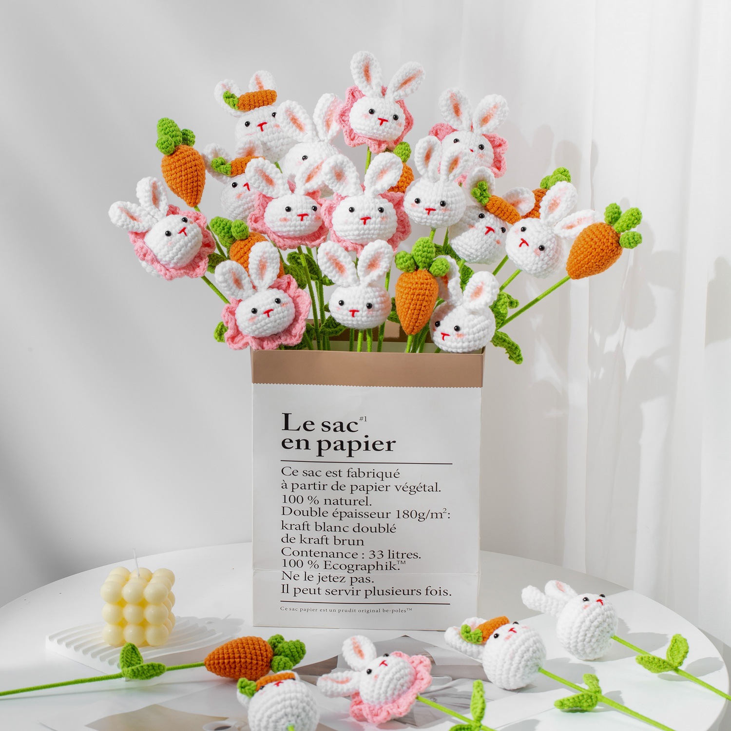 Fin virkad blombukett kanin stickblommor söt stickad bukett virkade vävda blommor heminredning