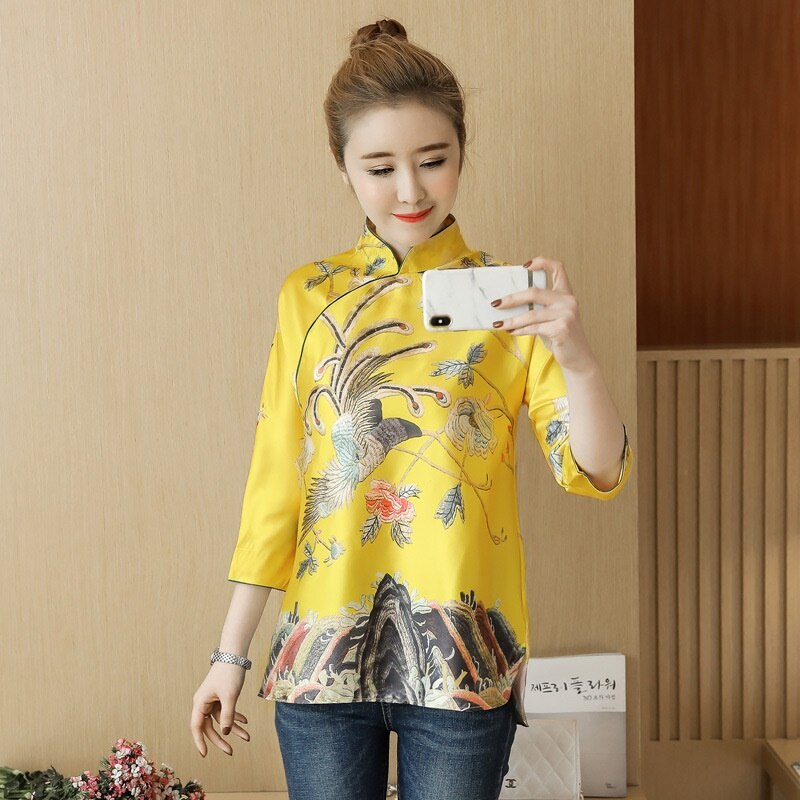 Chinese Cheongsam Tops For Women Retro Vintage Shirt Tea Loose Yellow Chinese Dress Spring Ladies Chinese Tops TA1598