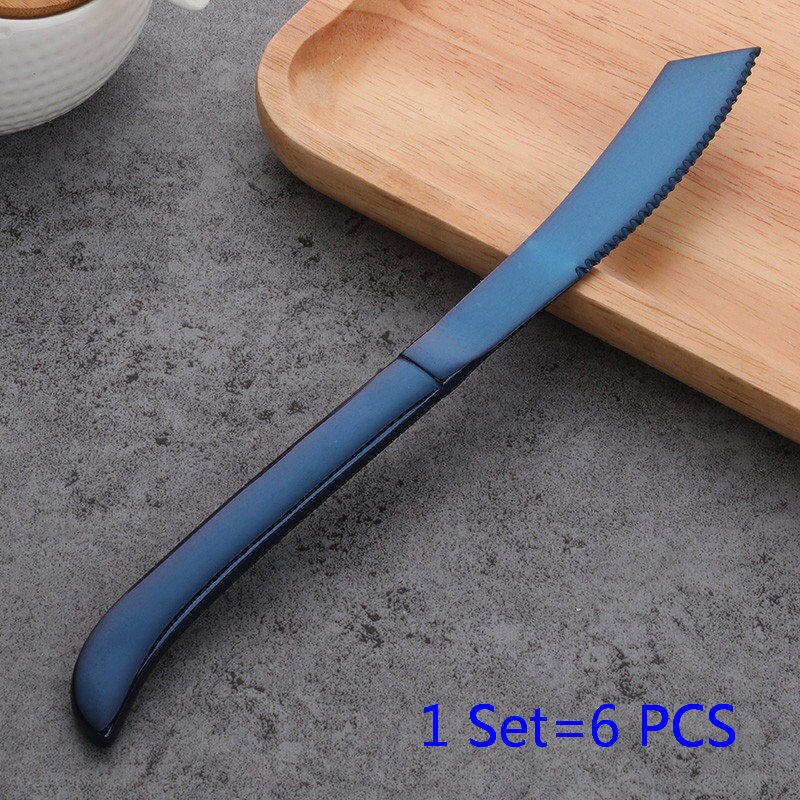 6 stk/sæt bøfkniv sæt rustfrit stål sort guld bordknive spisestel hjemme bøf kniv: Blå
