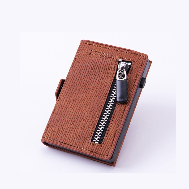boîtier de carte à glissière automatique RFID antivol porte-carte de crédit en alliage d'aluminium porte-cartes portefeuille pour hommes femmes: Wood grain coffee