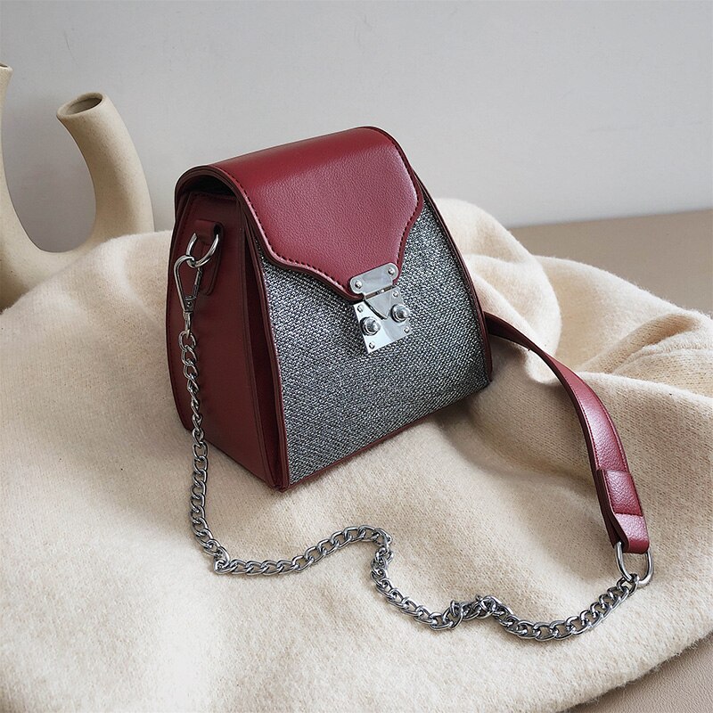 Contrast color Bucket bag PU Leather Women's Handbag Lock Chain Shoulder Messenger Bag: Red wine