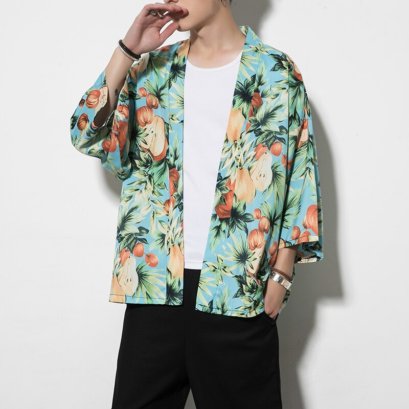 5XL Men Summer Japanese Cat Printed Cartoon Kimono Cardigan Thin Section Surplices Sunscreen Clothes Jackets Tops Coats