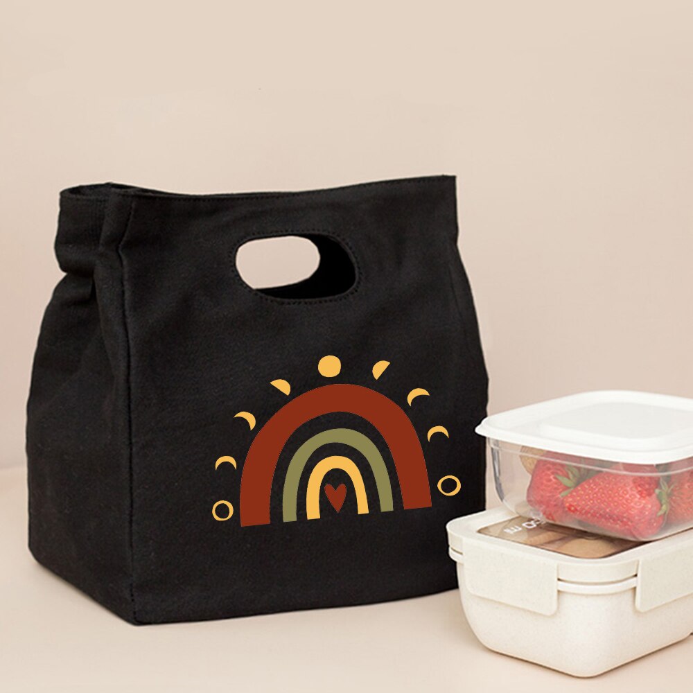 Śliczna modna tęcza drukuj czarne torby na Lunch na co dzień wielokrotnego użytku Eco termiczna torba składana torba podróżna o dużej pojemności Harajuku: Q00726-TBBK-C