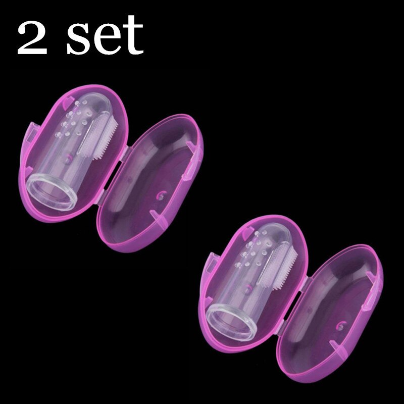 2 Set Baby Vinger Tandenborstel Zachte Siliconen Tandenborstel + Box Kinderen Tanden Clear Baby Tandenborstel Rubber Schoonmaken Baby Borstel: Rose